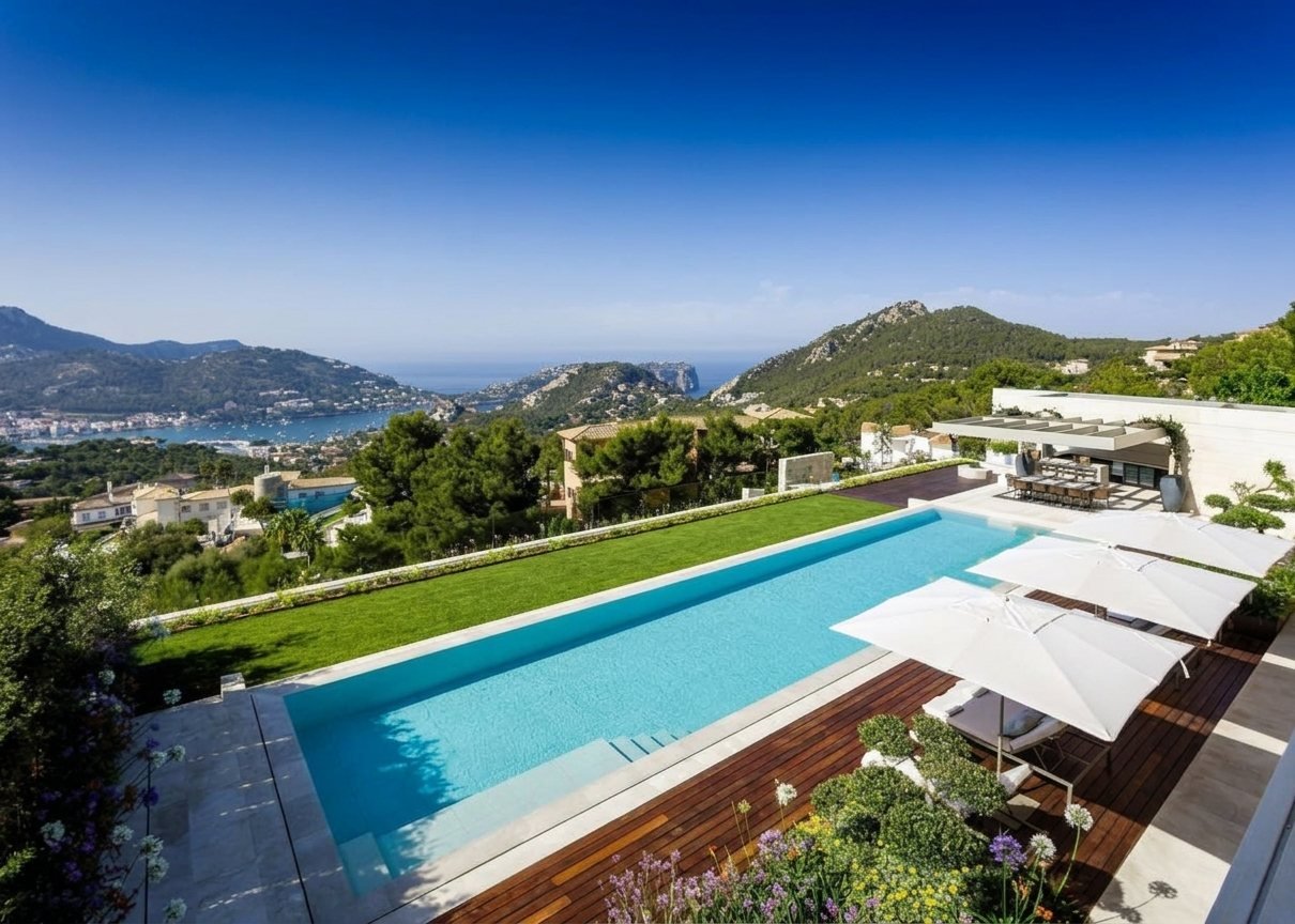 Infinity pool and garden with sea view in a Mallorca villa