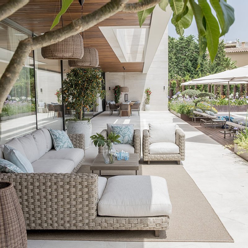Outdoor terrace lounge with garden in a Mallorca villa
